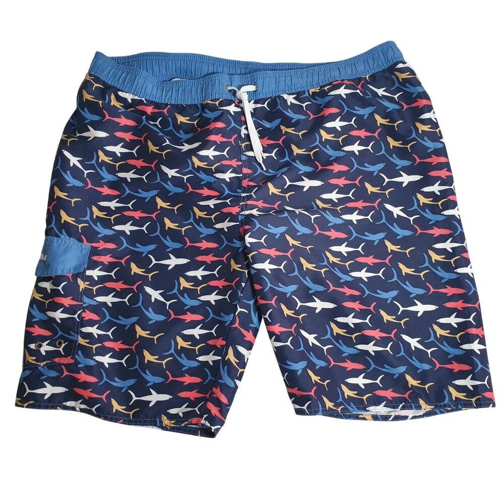 Nonwe Mens Shark Pattern Swim Trunks Size 40 Polyester Blue Beach Vacation Pool
